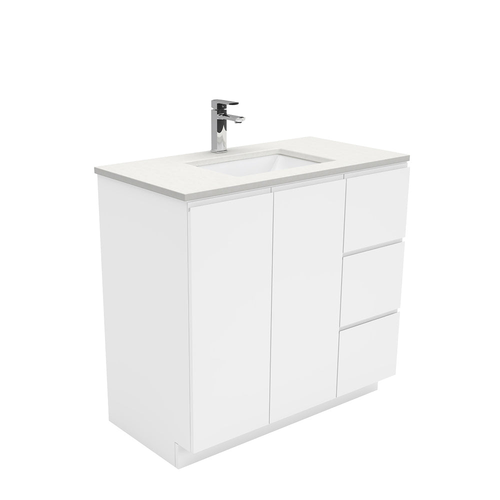 Fienza Sarah Fingerpull On Kickboard Vanity 900mm Right Silica Free (No Taphole) White / Crystal Pure Top SC90CR-0-SF