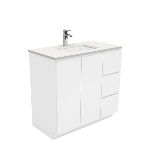 Fienza Sarah Crystal Pure Fingerpull On Kickboard Vanity Right Drawers (1 Taphole) 900mm Silica Free Gloss White SC90CR-SF