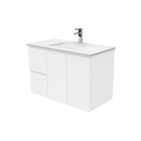 Fienza Sarah Crystal Pure Fingerpull Wall Hung Vanity Left Drawers (1 Taphole) 900mm Silica Free Gloss White SC90FL-SF