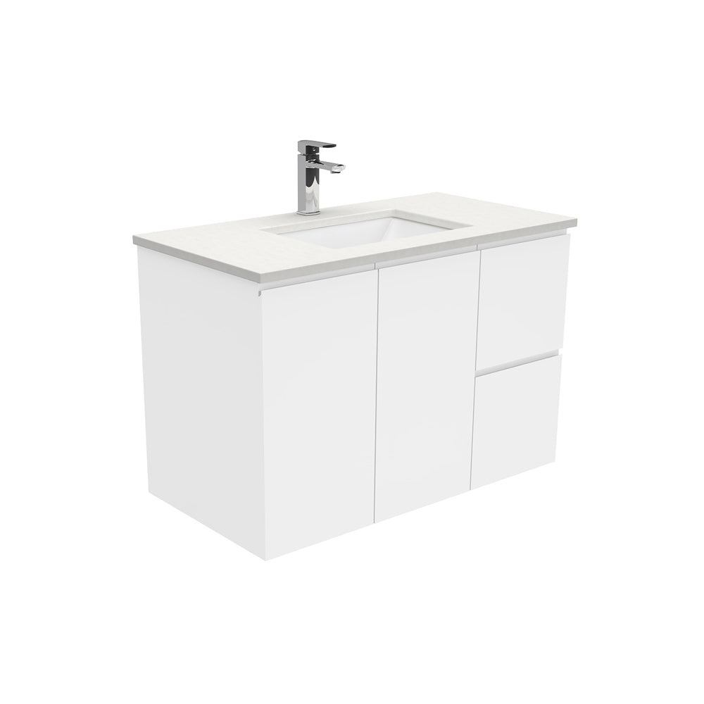 Fienza Sarah Fingerpull Wall Hung Vanity 900mm Right Silica Free (No Taphole) White / Crystal Pure Top SC90FR-0-SF