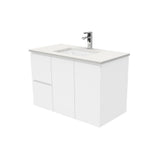 Fienza Sarah Fingerpull Wall Hung Vanity 900mm Left Silica Free (No Taphole) White / Crystal Pure Top SC90FL-0-SF