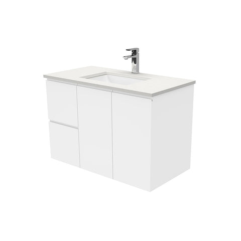 Fienza Sarah Fingerpull Wall Hung Vanity 900mm Left Silica Free (No Taphole) White / Crystal Pure Top SC90FL-0-SF