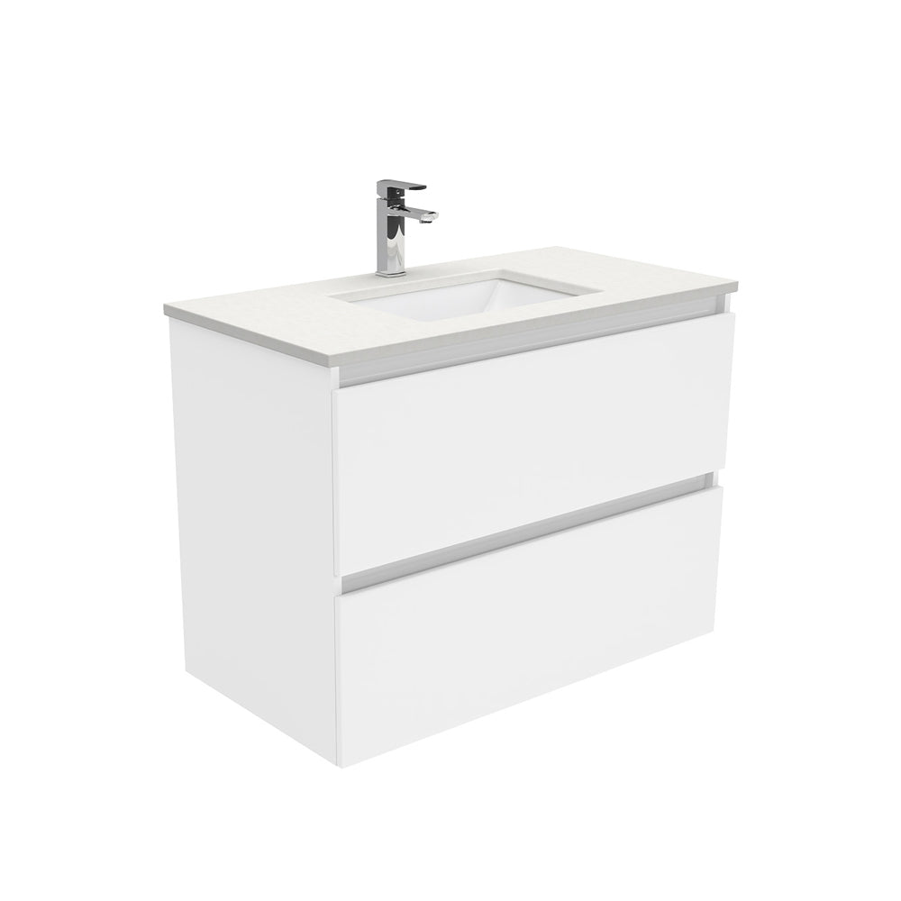 Fienza Sarah Quest Wall Hung Vanity 900mm 2 Drawers Silica Free (No Taphole) White / Crystal Pure Top SC90Q-0-SF