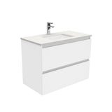 Fienza Sarah Quest Wall Hung Vanity 900mm 2 Drawers Silica Free (No Taphole) White / Crystal Pure Top SC90Q-0-SF