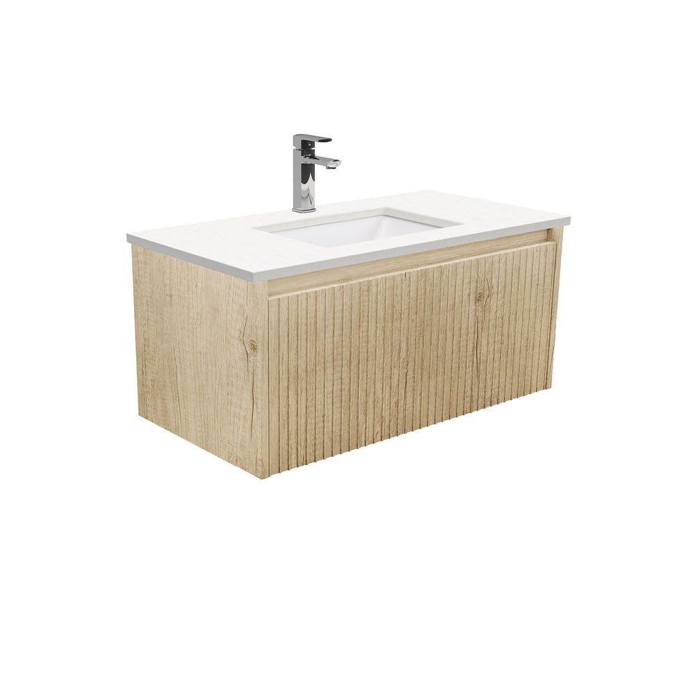 Fienza Sarah Alina Wall Hung Vanity 900mm 1 Drawer Silica Free (No Taphole) Scandi Oak / Crystal Pure Top SC90RSC-0-SF