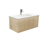 Fienza Sarah Alina Wall Hung Vanity 900mm 1 Drawer Silica Free (No Taphole) Scandi Oak / Crystal Pure Top SC90RSC-0-SF