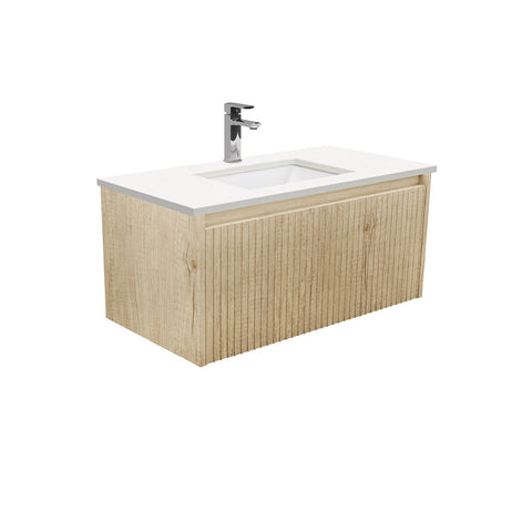 Fienza Sarah Alina Wall Hung Vanity 900mm 1 Drawer Silica Free (No Taphole) Scandi Oak / Crystal Pure Top SC90RSC-0-SF