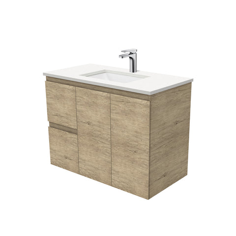 Fienza Sarah Edge Wall Hung Vanity 900mm Left Silica Free (No Taphole) Scandi Oak / Crystal Pure Top SC90SL-0-SF
