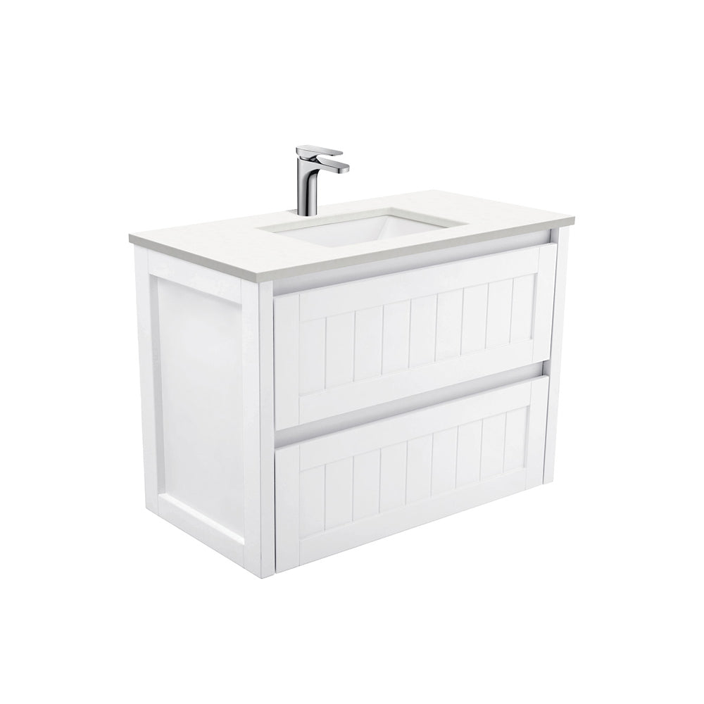 Fienza Sarah Hampton Wall Hung Vanity 900mm Silica Free (No Taphole) White / Crystal Pure Top SC90T-0-SF