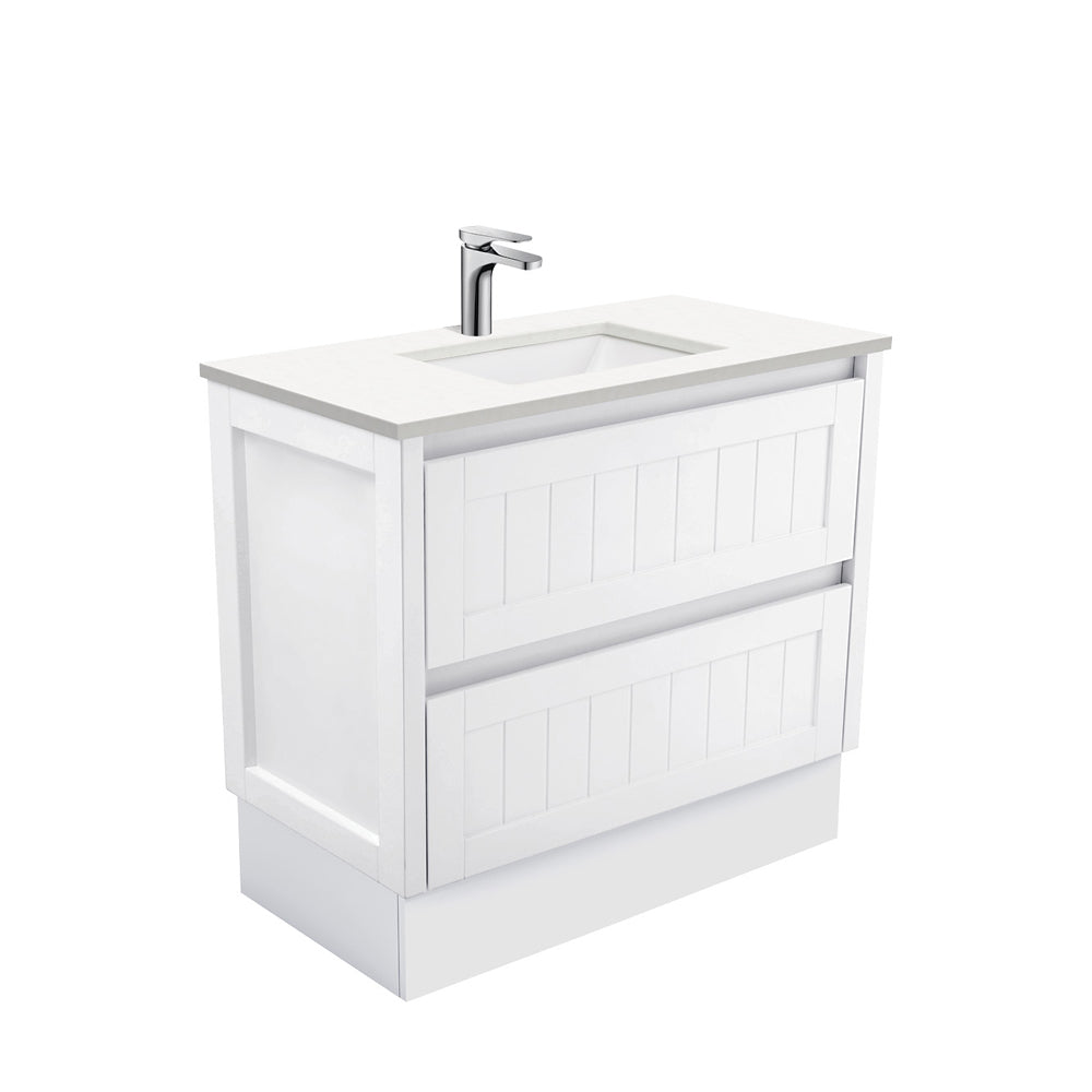 Fienza Sarah Hampton On Kickboard Vanity 900mm Silica Free (No Taphole) White / Crystal Pure Top SC90TK-0-SF