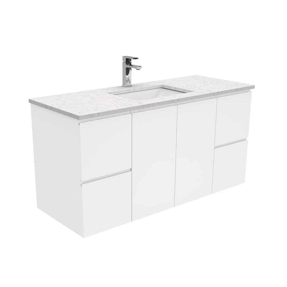 Fienza Sarah Bianco Marble Fingerpull Wall Hung Vanity (1 Taphole) 1200mm Silica Free Gloss White SI120F-SF
