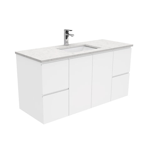 Fienza Sarah Bianco Marble Fingerpull Wall Hung Vanity (1 Taphole) 1200mm Silica Free Gloss White SI120F-SF