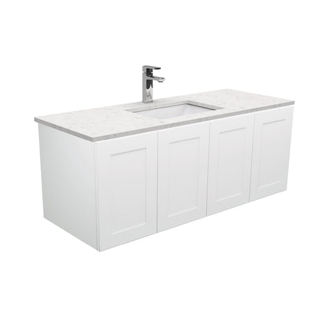 Fienza Sarah Bianco Marble Mila Shaker Wall Hung Vanity No Handles (1 Taphole) 1200mm Silica Free Gloss White SI120M-SF
