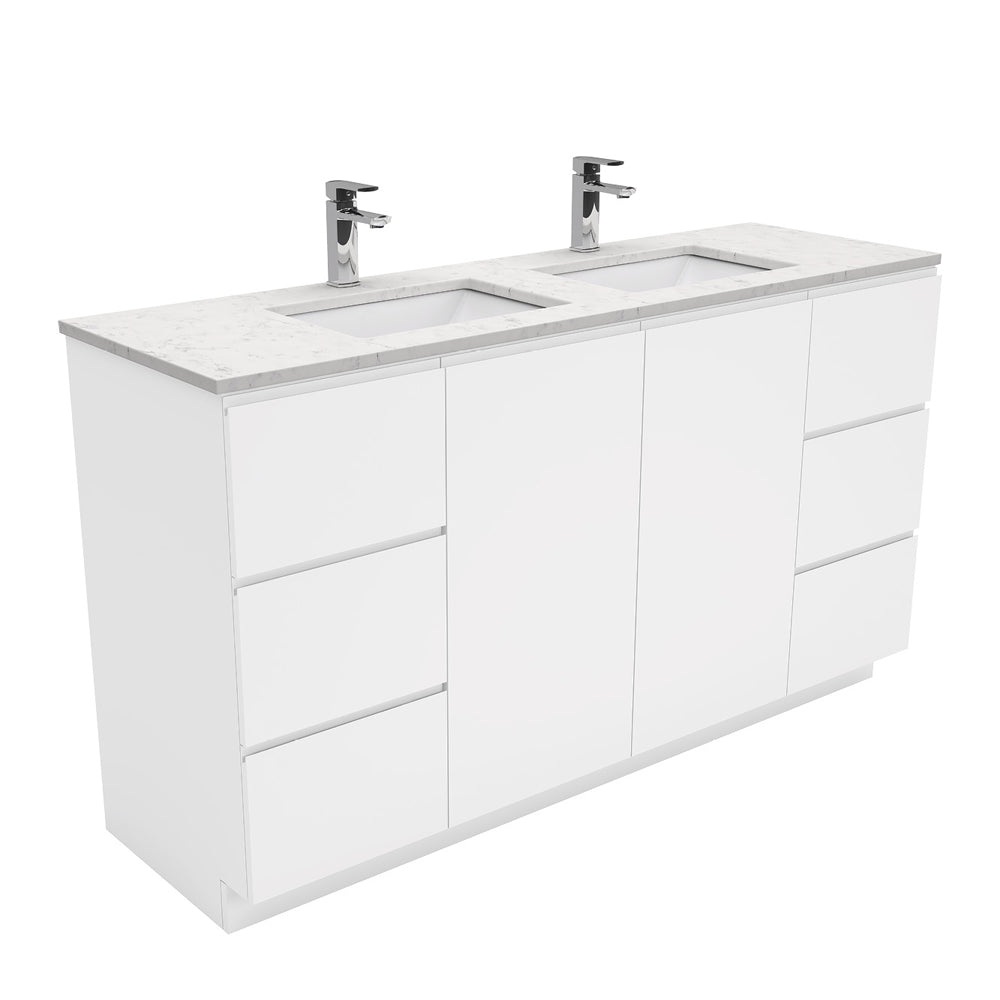 Fienza Sarah Bianco Marble Fingerpull On Kickboard Vanity Double Bowl (1 Taphole) 1500mm Silica Free Gloss White SI150CD-SF