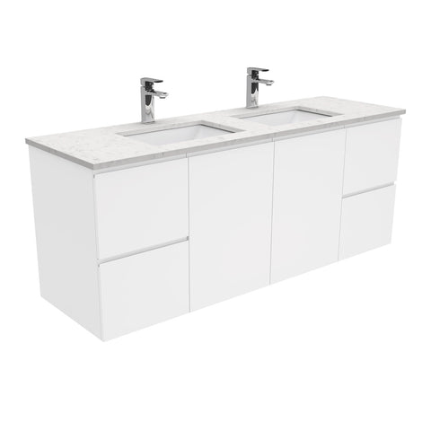 Fienza Sarah Bianco Marble Fingerpull Wall Hung Vanity Double Bowl (1 Taphole) 1500mm Silica Free Gloss White SI150FD-SF
