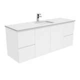 Fienza Sarah Bianco Marble Fingerpull Wall Hung Vanity Single Bowl (1 Taphole) 1500mm Silica Free Gloss White SI150FS-SF