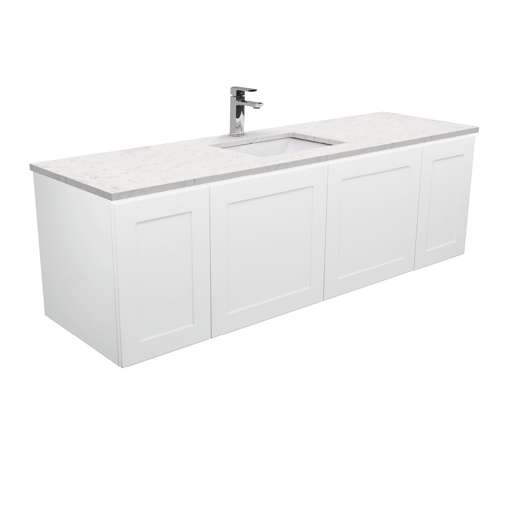 Fienza Sarah Bianco Marble Mila Shaker Wall Hung Vanity No Handles Single Bowl (1 Taphole) 1500mm Silica Free Gloss White SI150M-SF