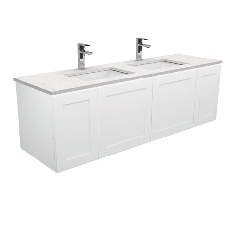 Fienza Sarah Bianco Marble Mila Shaker Wall Hung Vanity No Handles Double Bowl (1 Taphole) 1500mm Silica Free Gloss White SI150MD-SF