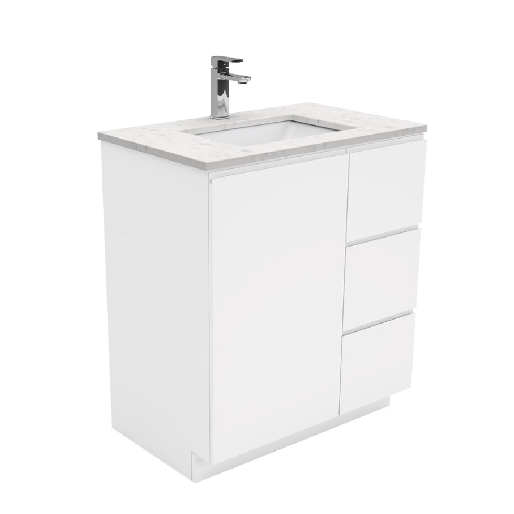 Fienza Sarah Bianco Marble Fingerpull On Kickboard Vanity Right Drawers (1 Taphole) 750mm Silica Free Gloss White SI75CR-SF