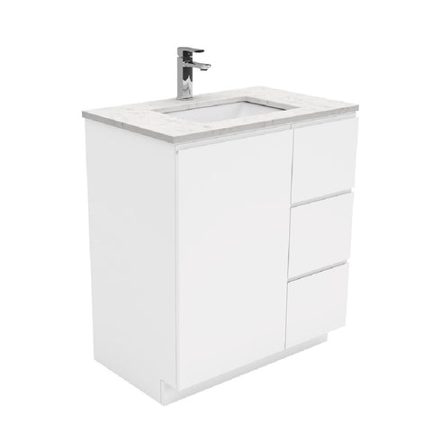 Fienza Sarah Bianco Marble Fingerpull On Kickboard Vanity Right Drawers (1 Taphole) 750mm Silica Free Gloss White SI75CR-SF