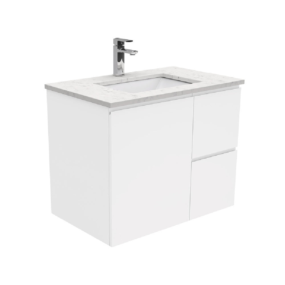 Fienza Sarah Bianco Marble Fingerpull Wall Hung Vanity Right Drawers (1 Taphole) 750mm Silica Free Gloss White SI75FR-SF