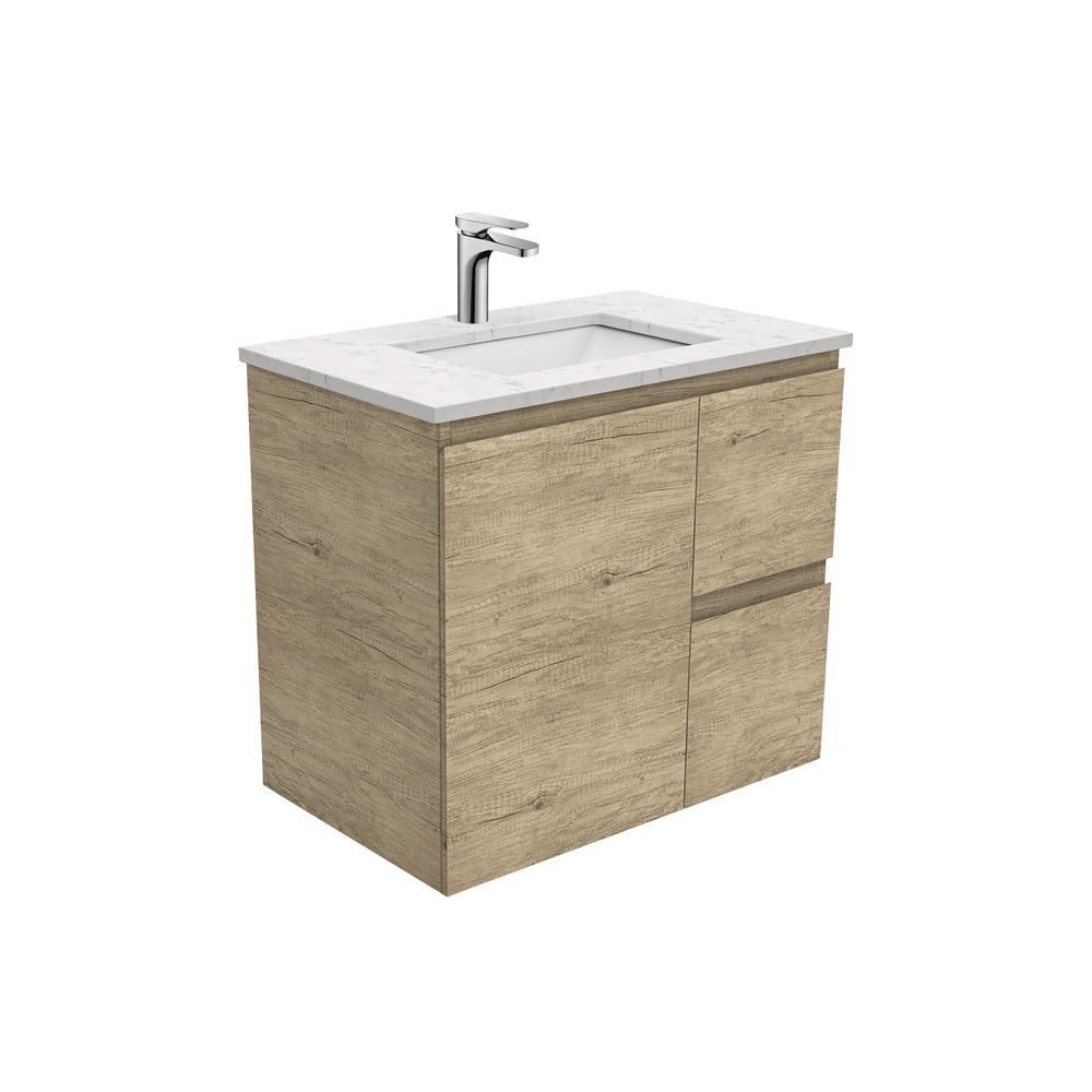 Fienza Sarah Bianco Marble Edge Wall Hung Vanity Right Drawers (1 Taphole) 750mm Silica Free Scandi Oak SI75SR-SF