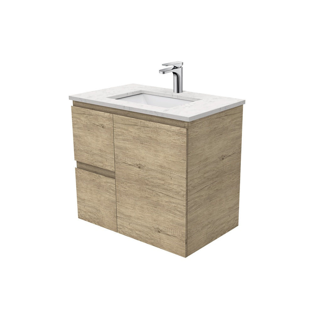 Fienza Sarah Bianco Marble Edge Wall Hung Vanity Left Drawers (1 Taphole) 750mm Silica Free Scandi Oak SI75SL-SF