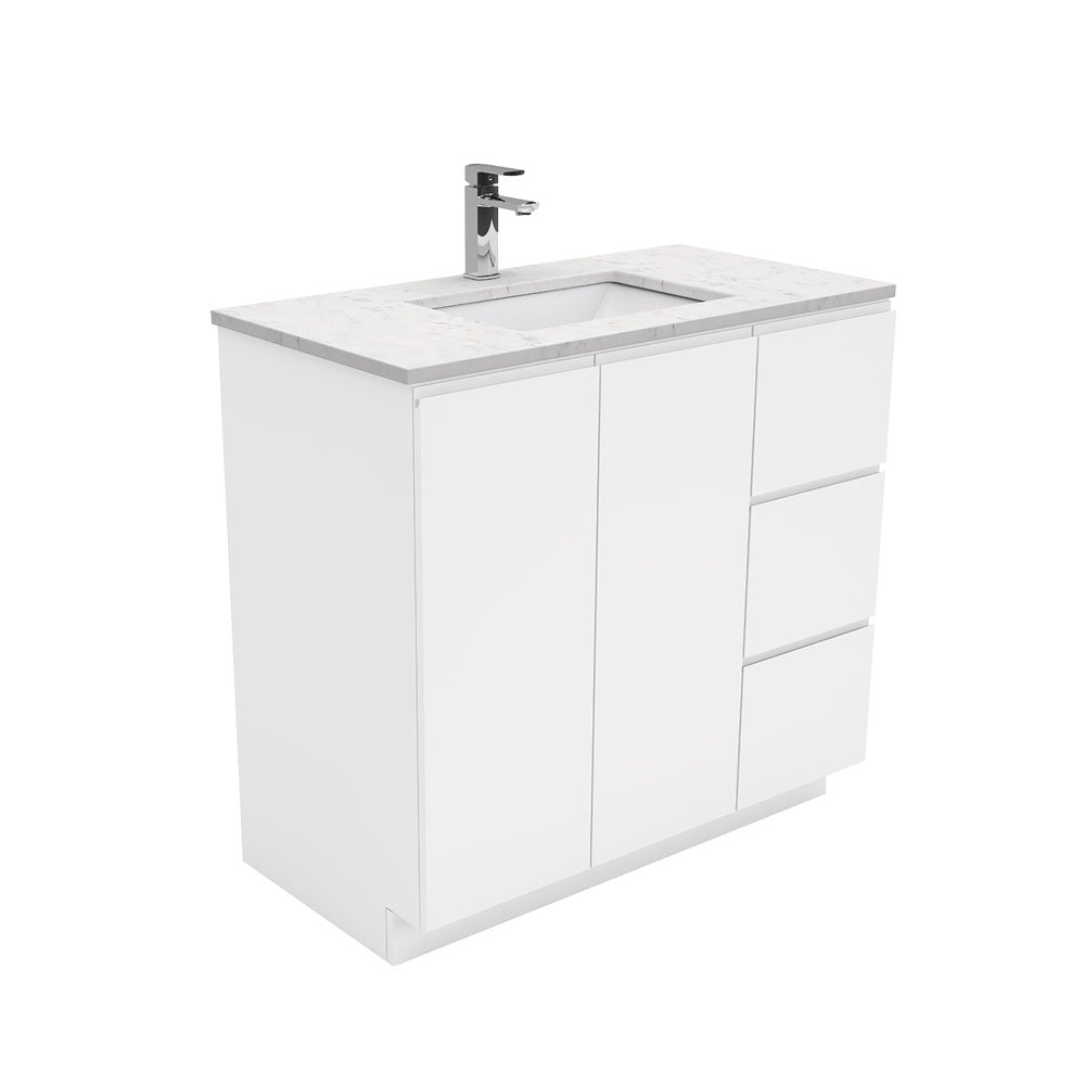 Fienza Sarah Bianco Marble Fingerpull On Kickboard Vanity Right Drawers (1 Taphole) 900mm Silica Free Gloss White SI90CR-SF
