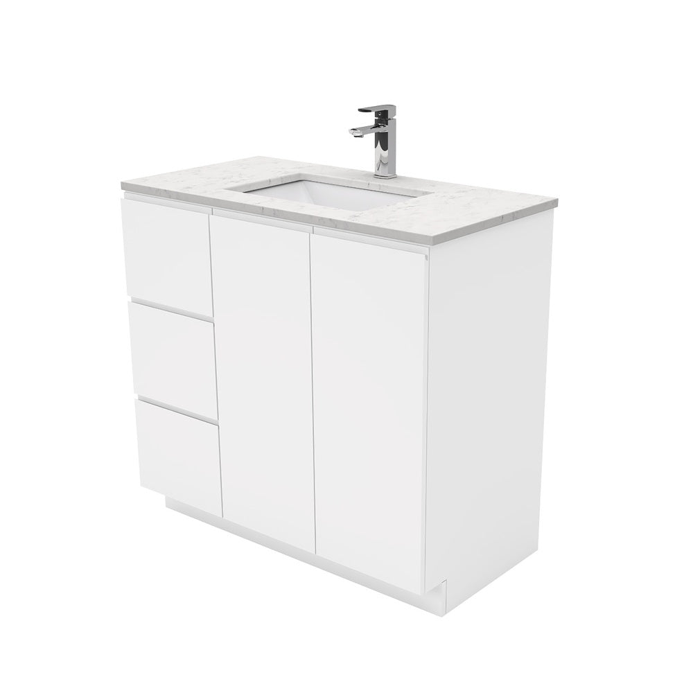Fienza Sarah Bianco Marble Fingerpull On Kickboard Vanity Left Drawers (1 Taphole) 900mm Silica Free Gloss White SI90CL-SF