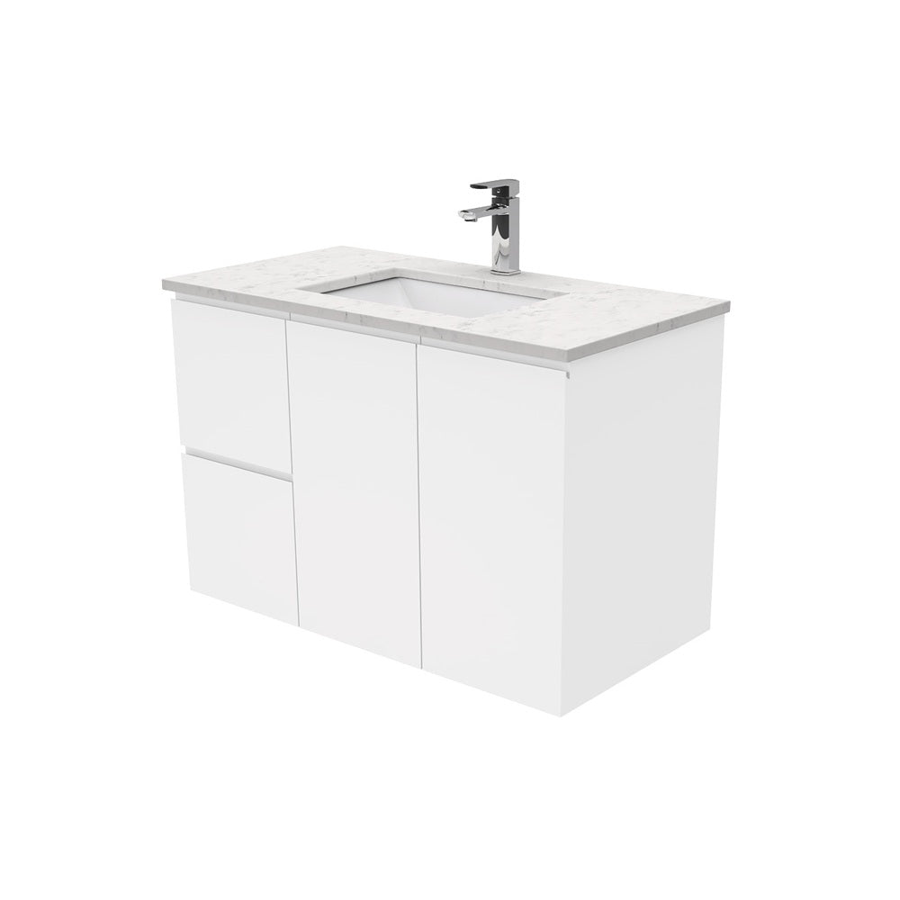 Fienza Sarah Bianco Marble Fingerpull Wall Hung Vanity Left Drawers (1 Taphole) 900mm Silica Free Gloss White SI90FL-SF