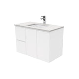 Fienza Sarah Bianco Marble Fingerpull Wall Hung Vanity Left Drawers (1 Taphole) 900mm Silica Free Gloss White SI90FL-SF