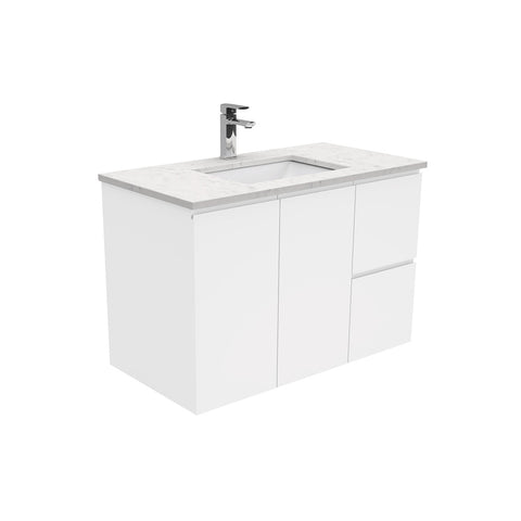 Fienza Sarah Bianco Marble Fingerpull Wall Hung Vanity Right Drawers (1 Taphole) 900mm Silica Free Gloss White SI90FR-SF