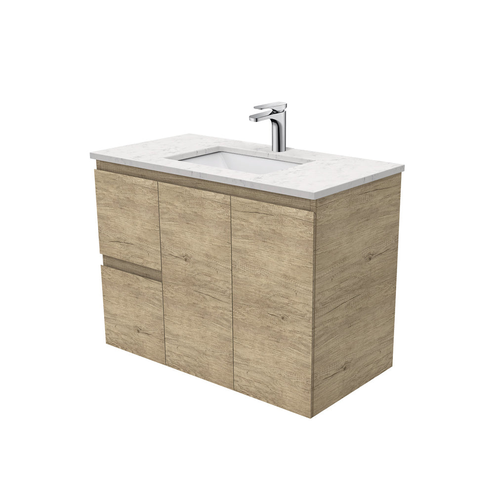 Fienza Sarah Bianco Marble Edge Wall Hung Vanity Left Drawers (1 Taphole) 900mm Silica Free Scandi Oak SI90SL-SF