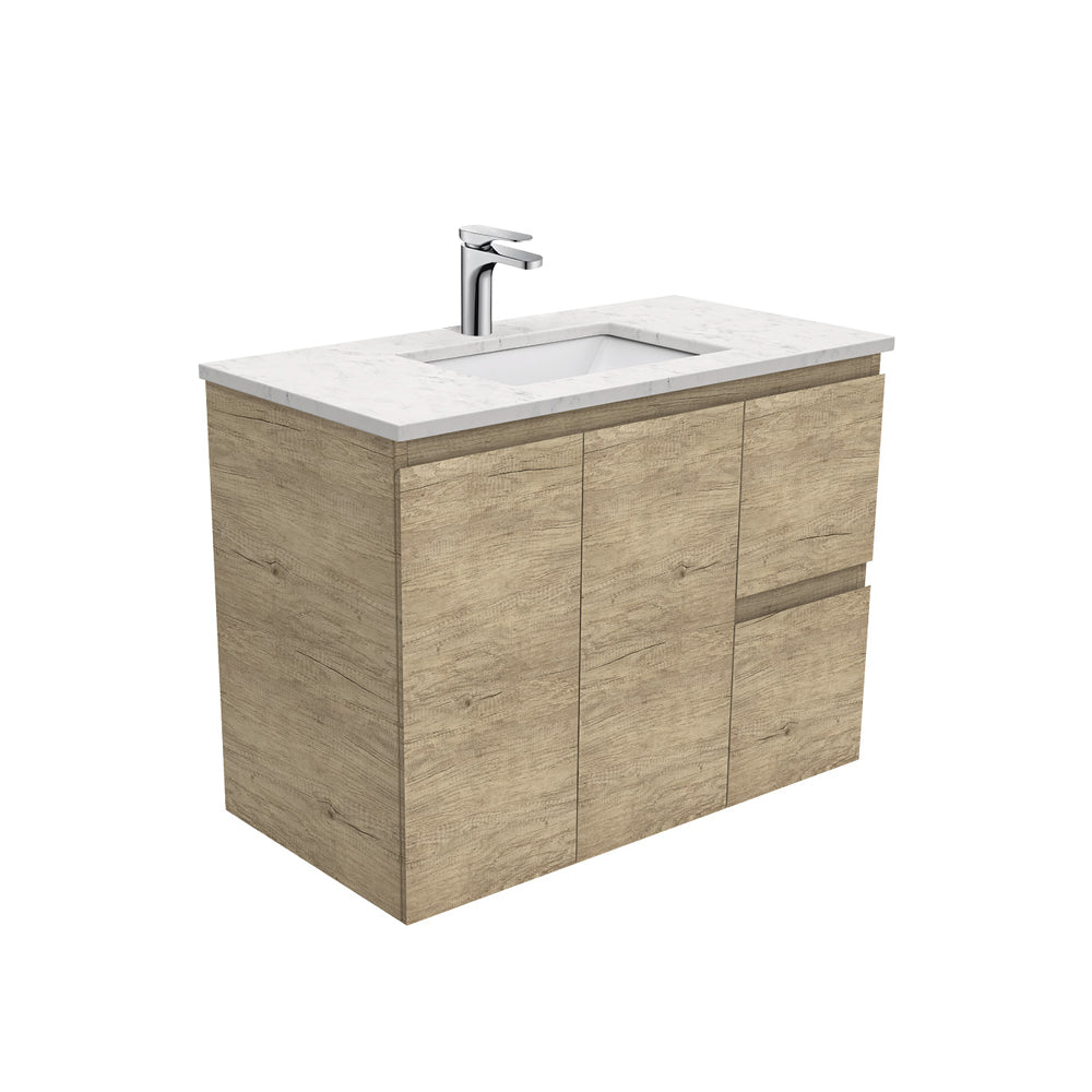 Fienza Sarah Bianco Marble Edge Sandi Oak Wall Hung Vanity Right Drawers (1 Taphole) 900mm Silica Free Scandi Oak SI90SR-SF