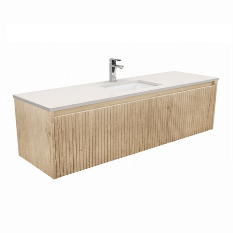 Fienza Sarah Alina Wall Hung Vanity 1500mm Sgl Bowl 2 Drawers Silica Free (No Taphole) Scandi Oak / Roman Sand Top SA150RSC-0-SF