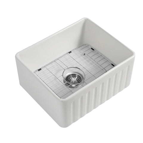 Seima Cleo 610 Fluted/Flat Apron Front Sink Pack 1 Bowl 610x423mm (Incl. Grid & Waste Stainless Steel) Gloss White 193033