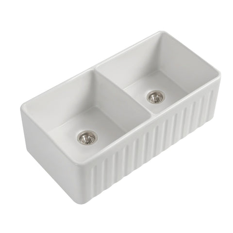 Seima Cleo 835 Fluted/Flat Ceramic Apron Front Sink Double Bowl 835x459mm Gloss White 192757