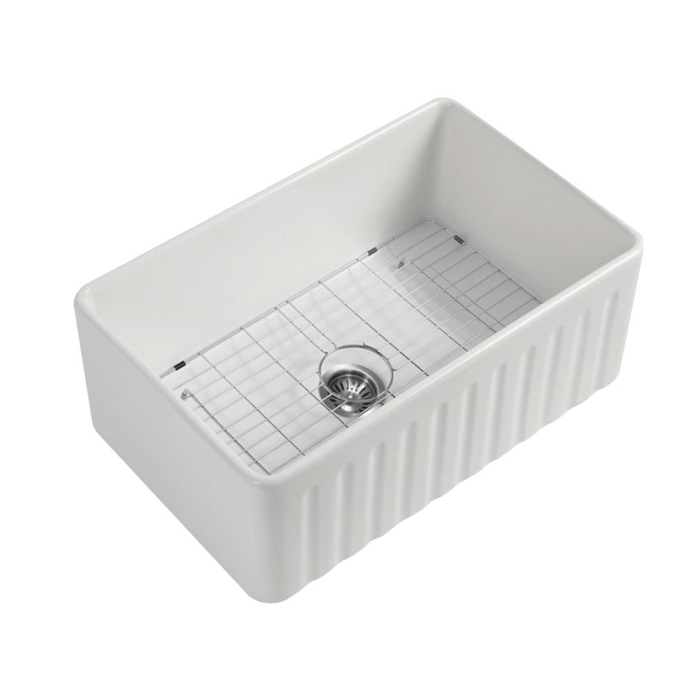 Seima Cleo 760 Fluted/Flat Apron Front Sink Pack 1 Bowl 760x459mm (Incl. Grid & Waste Stainless Steel) Matte White 193036