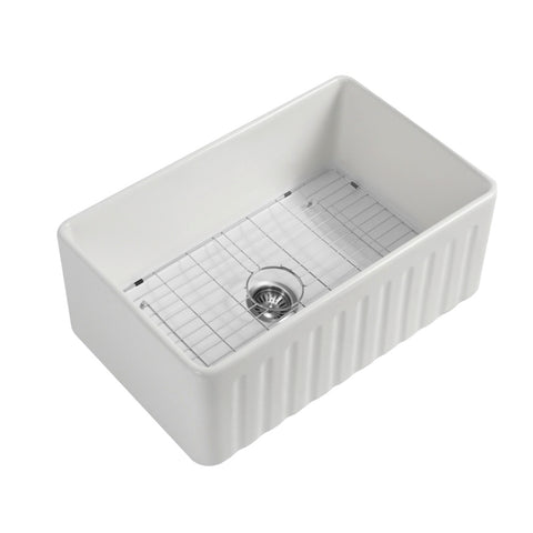 Seima Cleo 760 Fluted/Flat Apron Front Sink Pack 1 Bowl 760x459mm (Incl. Grid & Waste Stainless Steel) Matte White 193036