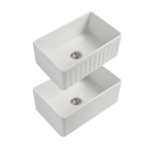 Seima Cleo 760 Fluted/Flat Apron Front Sink Pack 1 Bowl 760x459mm (Incl. Grid & Waste Stainless Steel) Gloss White 193035