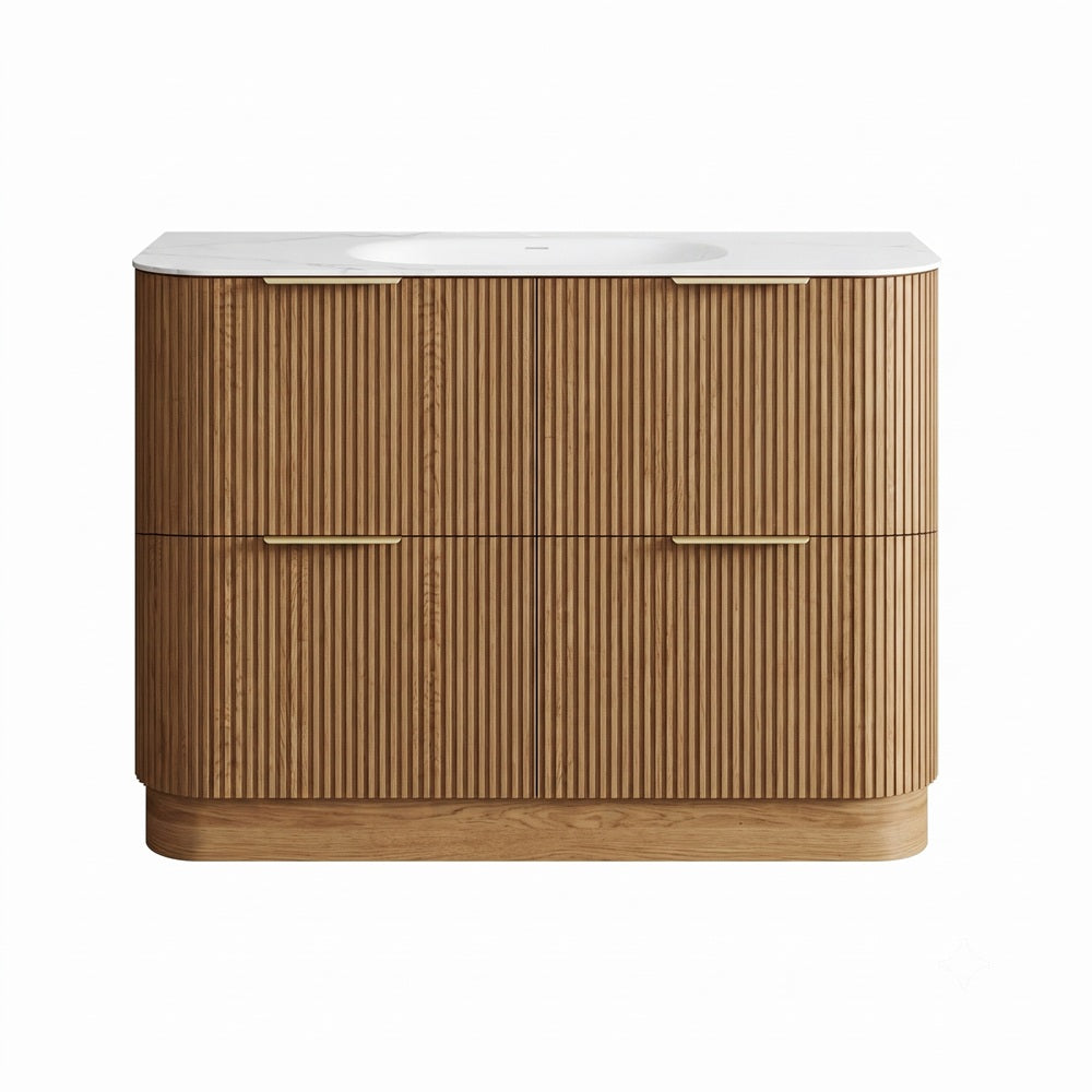 Otti Havana Fluted Freestanding Curve Vanity 1200mm Woodland Oak / Chloe Silk Top HAFW1200LMT-CS