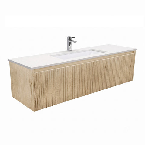 Fienza Sarah Alina Wall Hung Vanity 1500mm Single Bowl 2 Drawers Silica Free (No Taphole) Scandi Oak / Crystal Pure Top SC150RSC-0-SF