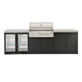 Crossray 4B-S Outdoor BBQ Kitchen 4 Burner Gas Double Side Cabinets w/ Flat Stone Benchtops & Double Fridge Grey TC4K-09