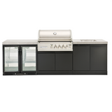 Crossray 4B-S Outdoor BBQ Kitchen 4 Burner Gas Double Side Cabinets w/ Flat Stone Benchtops, Double Fridge & Sink Grey TC4K-10