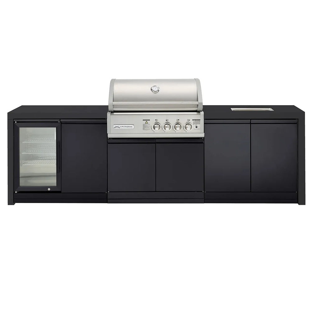 Crossray Premium Outdoor Kitchen 4 Gas Burners w/ Sink & Single Fridge Black TC4KB-20