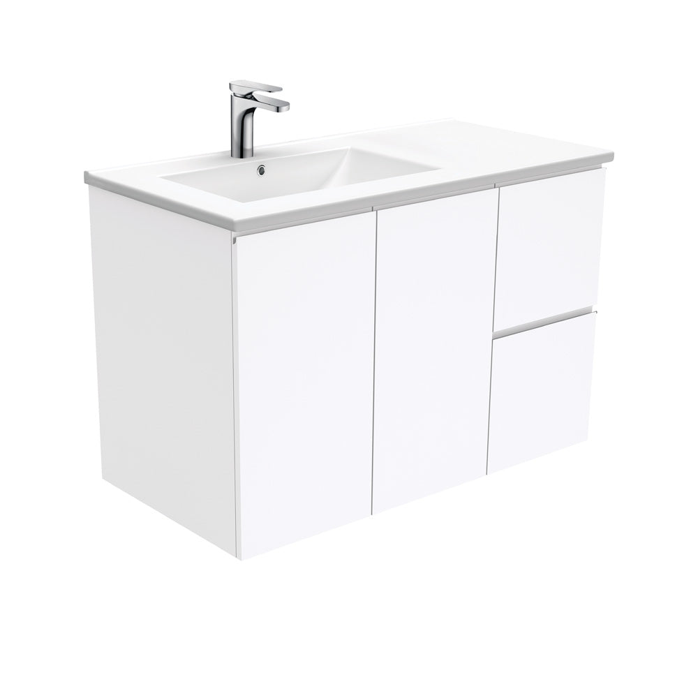 Fienza Dolce Fingerpull Offset Wall Hung Vanity Left Basin (1 Taphole) 900mm Gloss White TCL90LF