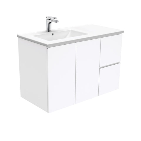 Fienza Dolce Fingerpull Offset Wall Hung Vanity Left Basin (1 Taphole) 900mm Gloss White TCL90LF