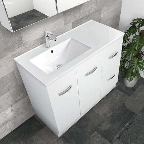 Fienza Dolce Fingerpull Offset On Kickboard Vanity Left Basin (1 Taphole) 900mm Satin White TCL90LZK
