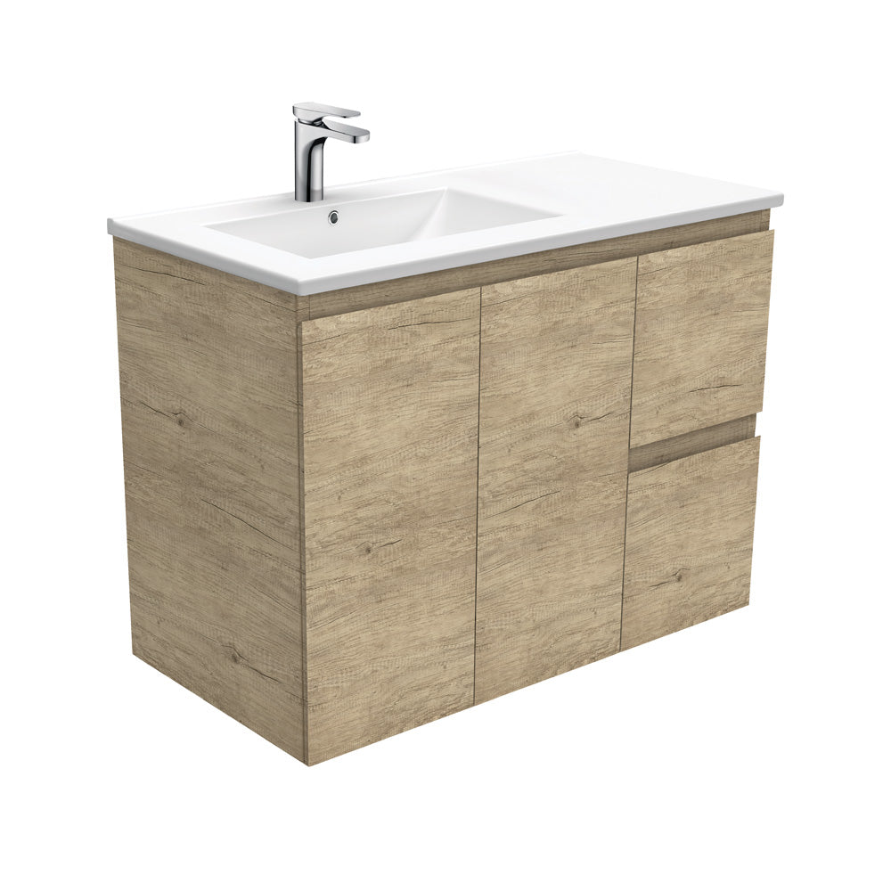 Fienza Dolce Edge Offset Wall Hung Vanity Left Basin (1 Taphole) 900mm Scandi Oak TCL90LS