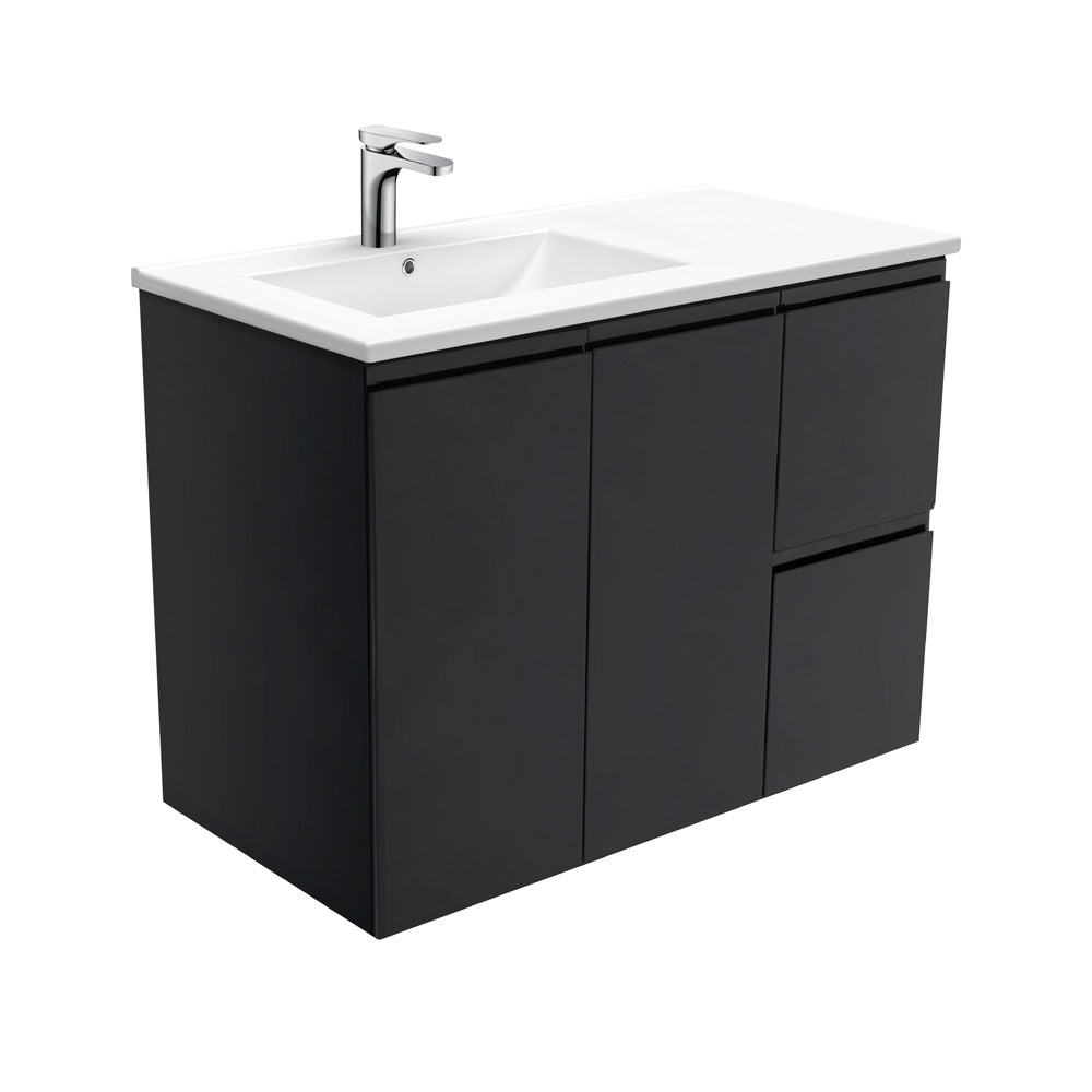 Fienza Dolce Fingerpull Offset Wall Hung Vanity Left Basin (1 Taphole) 900mm Satin Black TCL90LZB
